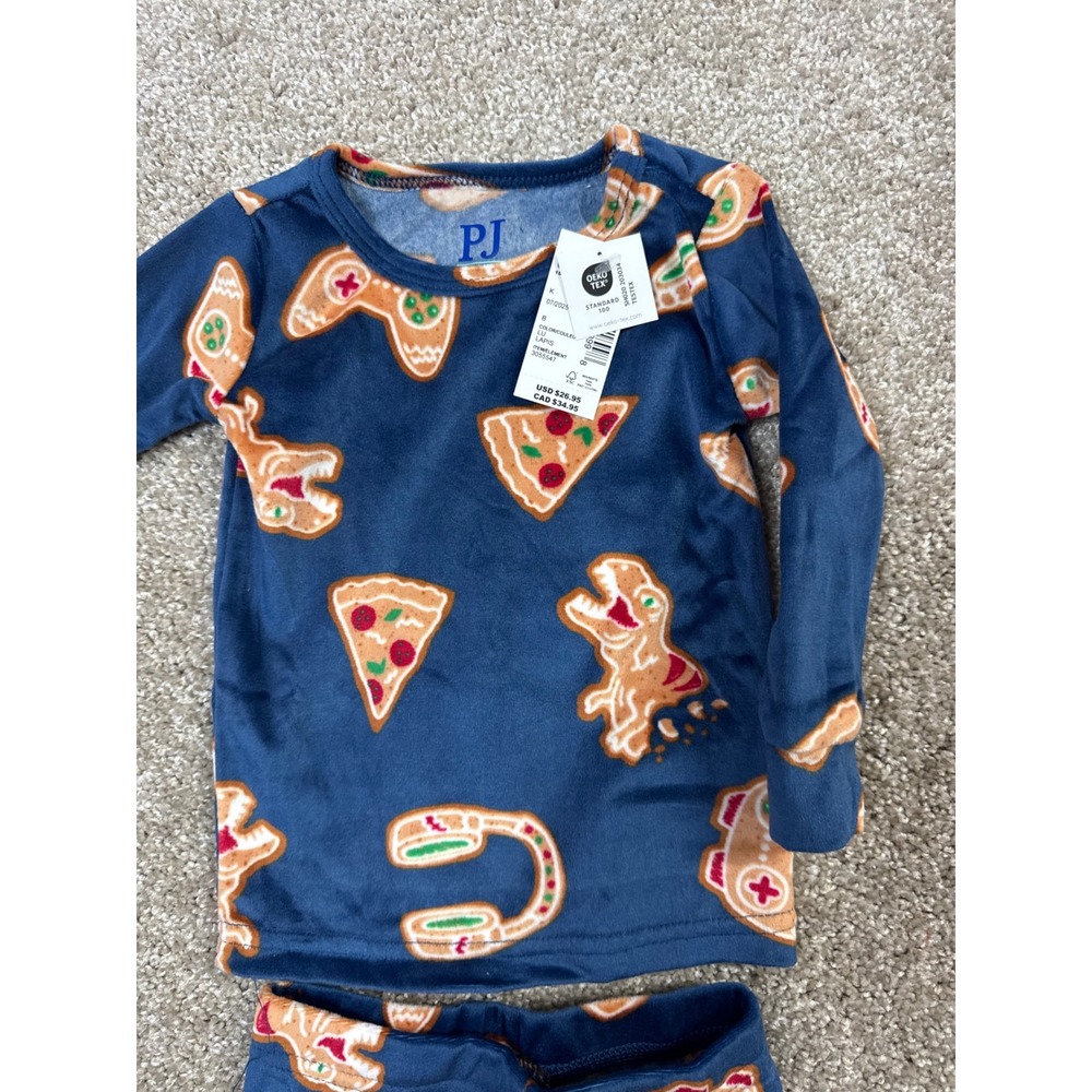 Childrens Place PJ Place Lapis Blue Gingerbread Dino Pizza Pajama Set 6-9M NEW